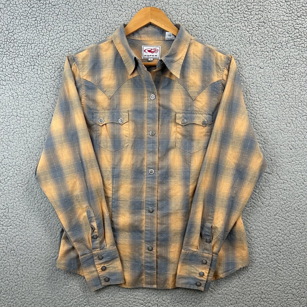 Roper‎ Men's Western Pearl Snap Shirt Yellow Gray Plaid XL Cotton Metallic